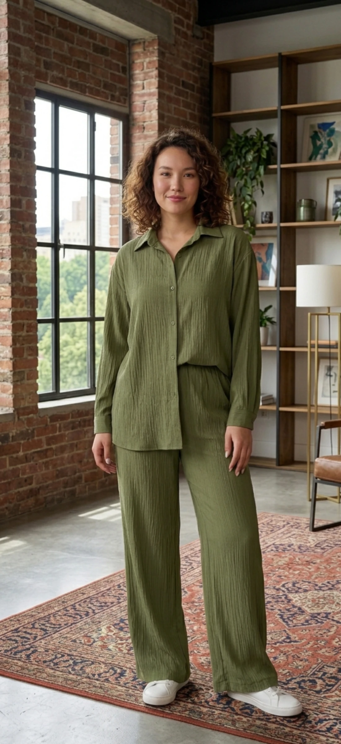 Ensemble 2 pièces vert kaki - Pantalon fluide & Chemise